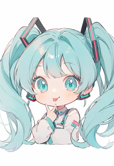 soft lines,  hatsune miku, chibi, cute, turquoise hair, twin tails, turquoise eyes, smile, sticking out tongue, white background