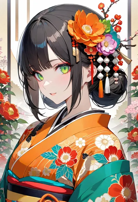 masterpiece, Highest quality, Super detailed, Detailed eyes, Upper Body Shot, Long characters, Decorated with colorful flowers and traditional hair ornaments、Intricately styled black hair. Characters、She is wearing a detailed kimono with vibrant orange flo...