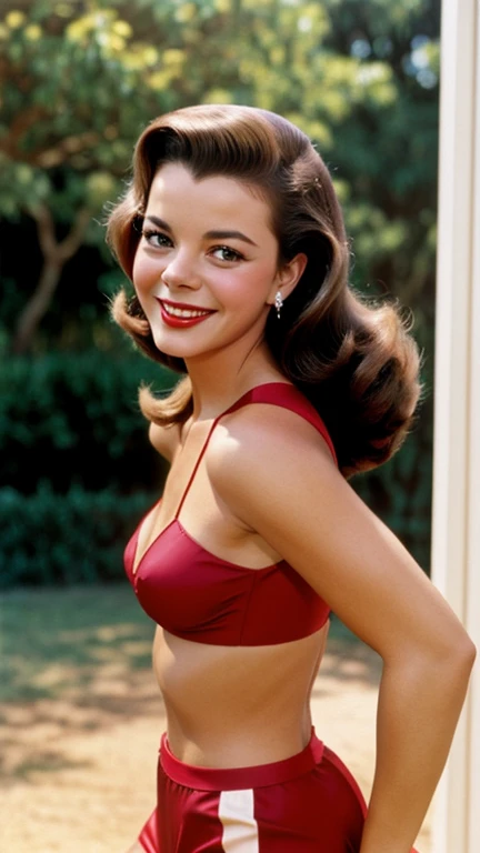 Natalie Wood dressed in sexy polin rider clothes with lipstick and smiling