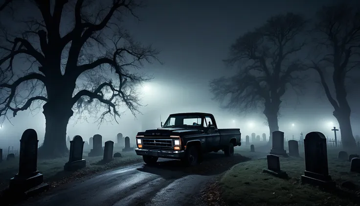 015: Create a hyper-realistic image of a large black truck stopped at a haunted, fog-shrouded cemetery at night. The trucks headlights cast a haunting light on the old, crumbling gravestones and twisted trees. The surrounding fog adds an oppressive, eerie ...