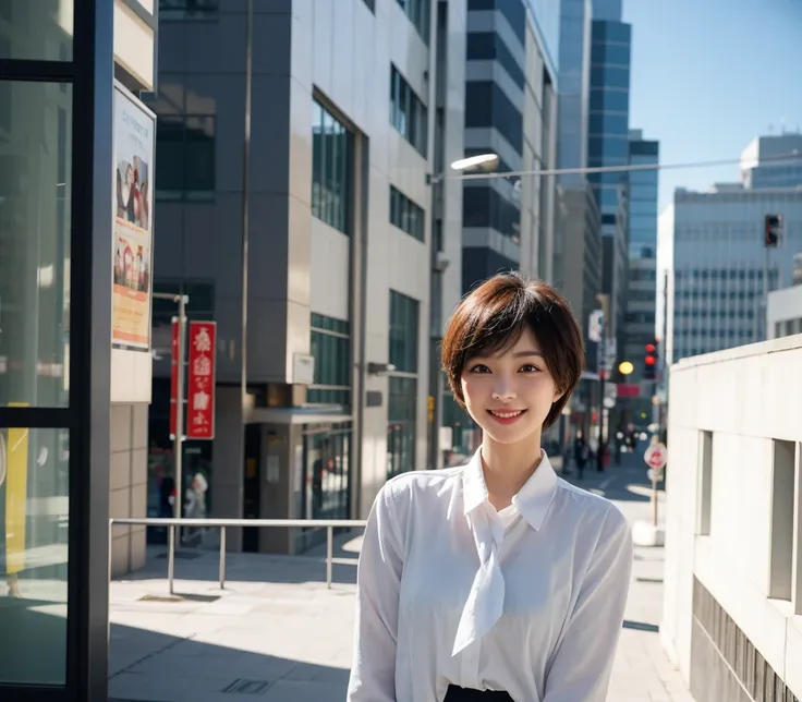 A businesswoman walking in a business district in a white city, with dramatic lighting. She is a cute Japanese woman with a short haircut, smiling, and backlit.