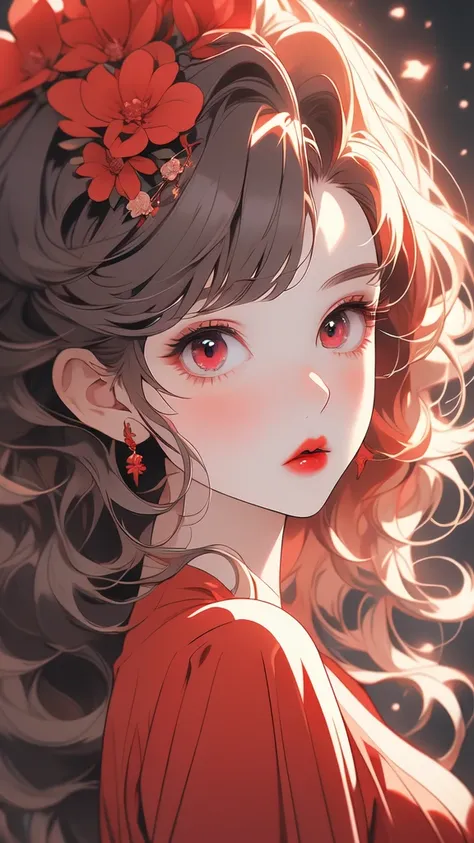 (masterpiece),(best quality:1.0), (ultra highres:1.0), detailed illustration, 8k, anime, 1girl, beautiful anime girl, wearing a red dress, flower crown, pretty face, detailed face, beautiful eyes, detailed eyes, dark red eyes, bright red lips, red lipstick...