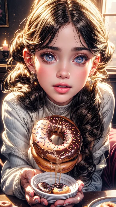 a middle-aged man eating donuts with a young girl, beautiful detailed eyes, beautiful detailed lips, extremely detailed eyes and face, long eyelashes, warm and cozy atmosphere, intimate family moment, soft lighting, pastel colors, oil painting, intricate d...