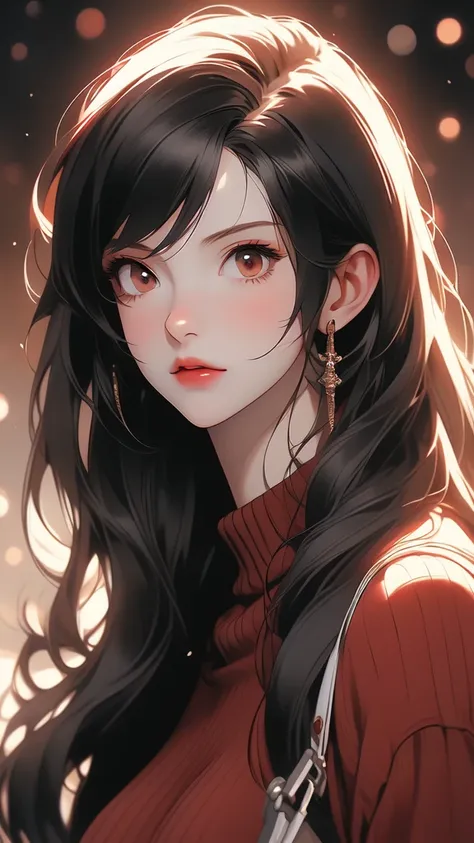 Anime girl in a red sweater holding a key, Retrato de Tifa Lockhart, Very detailed and exquisite fan art, seductor retrato de Tifa Lockhart, Retrato de Tifa Lockhart, Tifa Lockhart, Faye Wong Valentine&#39;s Day, Tohsaka., Tifa, High-quality fanart, Tifa L...