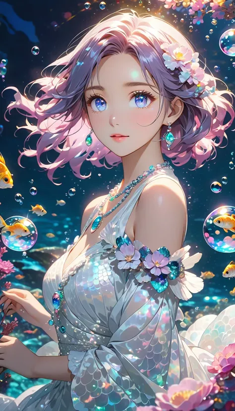 deep sea，Yang，bubble，Alexandrite eyes and hair,shell装饰, Gemstone Necklace, shell，Fish scale white dress, , (Dynamic Lighting:1.2), light, Beautiful, Beautiful eyes, Sharp pupils, Boundary depth written, Bokeh, Clear focus, (Very detailed, bloom, shine:1.4)...