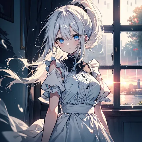 1 girl、Mature、Ample breasts、Long Hair、White Hair、Blue Eyes、ponytail、ハイponytail、Maid clothes、Shoulder Bare、Frills、Short sleeve、Bust-up perspective、The curtains flutter、Hair blowing in the wind、Look to the side、Fleeting、Gentle Sunset、rain、Window、High resolut...