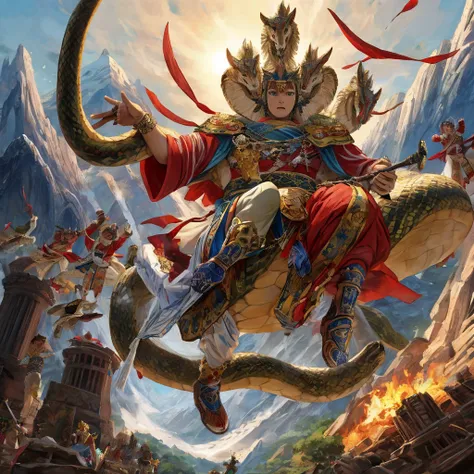 Masterpiece, A scene from Japanese mythology in which a young god dressed in ancient clothing and riding a flying horse fights and defeats a giant snake with eight heads bigger than a mountain.