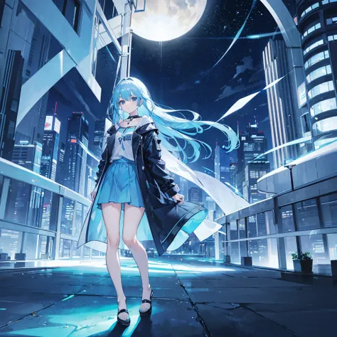 1 woman,light blue hair,blue eyes,blue clothes, looking at viewer,full body photo, night city background, clear eyes, wearing pants