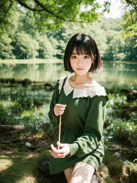 A short haired Asian girl at a lake in a forest. In elf clothes. 