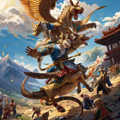 Masterpiece, A scene from Japanese mythology in which a young god dressed in ancient clothing and riding a flying horse fights and defeats a giant snake with eight heads bigger than a mountain.