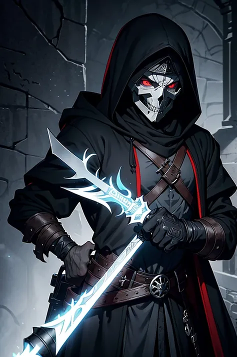 An assassin, male, fantasy character, physically strong, wearing a skull mask covering his face and eyes, dressed in black medieval attire, with a white hooded cloak over it, gray hair, short hair, red eyes, holding a dagger, nighttime background.