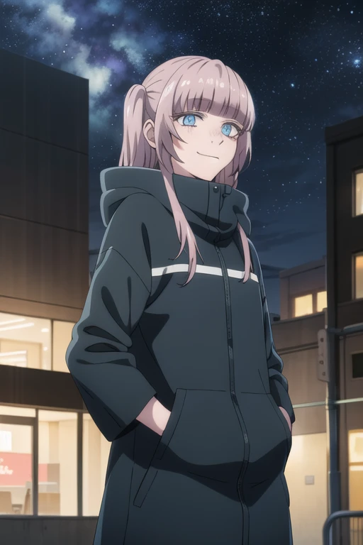 best qualityer, work of art, detailded,
NanakusaNazuna,
1 girl, cloused mouth, ssmile,
pink  hair, long hair, Blunt bangs, side locks, blue colored eyes,
NanakusaJaqueta, jaket, hooded cloak, 
looking ahead at viewer, hand in pocket, tight slit,
plein-air,...