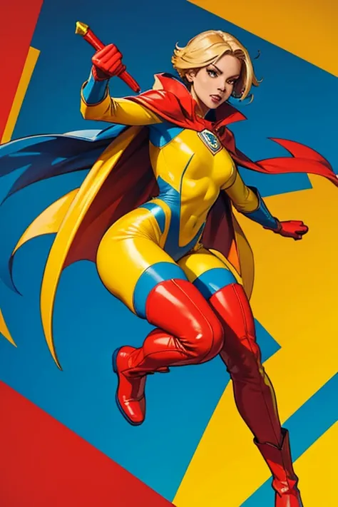 A female superhero with a yellow supersuit and a red with blue cape. She also has blue gloves and boots