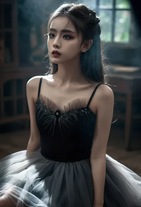 UHD, 8K, ultra detailed, a cinematic photograph of Dark Fantasy Art, a girl with Tulle skirt,making eye contact, dark, moody, dark fantasy style, beautiful lighting, great composition