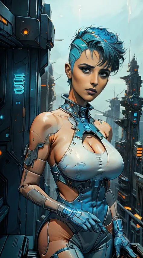 Stefania Ferrario short blue hair shaved on the sides, wearing a white and orange futuristic cyberpunk costume, at night on top of a building, 8k, artgerm julie bell beeple, Wojtek FUS, bipe. hyper- realism, arte do bipe, Beeple Daily Art 