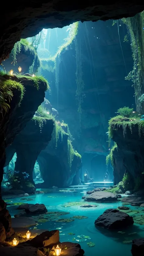 Secret cave, filled with seaglasses that serve as light sources, and bioluminescent flore scattered around, theres a giant pond that serves as its entrance, pandoras flora, bioluminescent plants