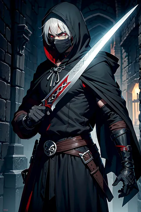 An assassin, male, fantasy character, physically strong, wearing a skull mask covering his face and eyes, dressed in black medieval attire, with a white hooded cloak over it, gray hair, short hair, red eyes, holding a dagger, nighttime background.