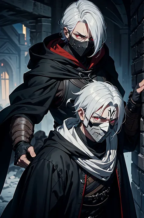 An assassin, male, fantasy character, physically strong, wearing a skull mask covering his face and eyes, dressed in black medieval attire, with a white hooded cloak over it, gray hair, short hair, red eyes, holding a dagger, nighttime background.