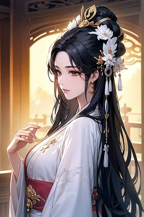 black hair, immortal, beauty, royal sister, stepmother, white taoist robe, phoenix coronet, hair bunch