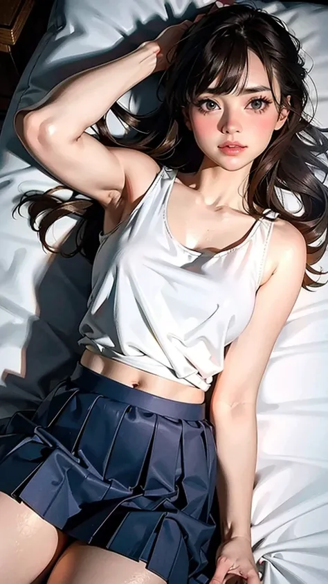 ((Highest quality, 8k, masterpiece:1.3, Realistic:1.3)), {{Lying in bed, From above, dakimakura}}, Japan , Single women,  very light brown hair, With bangs, ( socks, Thick tank top,Cotton Side Preserved Songs), Highly detailed face and skin texture, Detail...