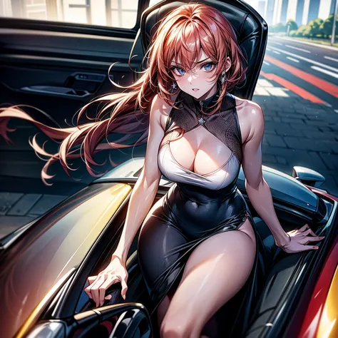 Masterpiece, Best Quality, High Quality, CG, 8K, Stylish woman with a serious expression driving a speeding car, anime style