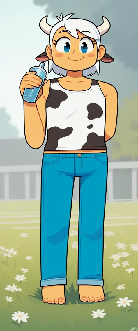 score_9, score_8_up, source_anime, masterpiece, best quality, BREAK 1girl, white horns, white_hair, grey_eyes, >:) smile, pants, cow print tank top, jeans, meadow