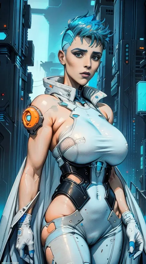 Stefania Ferrario short blue hair shaved on the sides, wearing a white and orange futuristic cyberpunk costume, modern dark overcoat, at night on top of a building, 8k, artgerm julie bell beeple, Wojtek FUS, bipe. hyper- realism, arte do bipe, Beeple Daily...