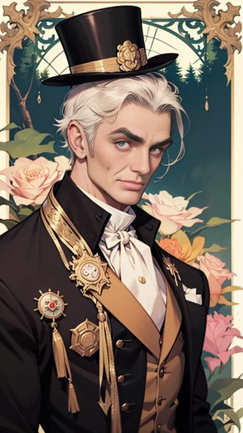  (Abraham Lincoln: 1), cute anime school boy, romance novel character, bead, top hat, smoldering eyes, tall, muscular,