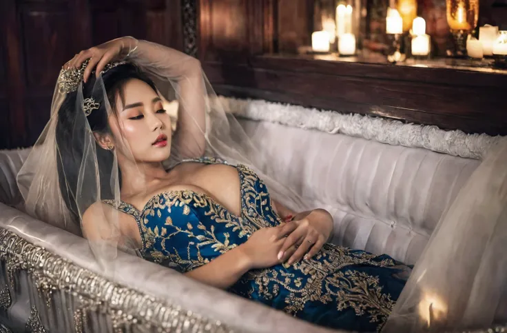 in a striking 8k hdr scene, a stunning korean woman, 22 years old, lies peacefully in a black coffin surrounded by plush pillows...