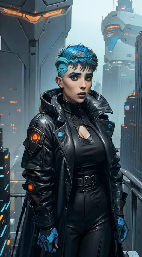 Stefania Ferrario short blue hair shaved on the sides, wearing a loose modern black overcoat over white and orange futuristic cyberpunk costume, at night on top of a building, 8k, artgerm julie bell beeple, Wojtek FUS, bipe. hyper- realism, arte do bipe, B...