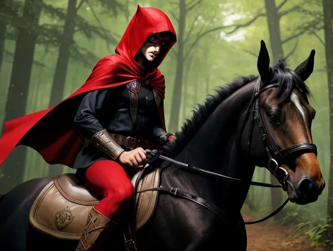 A young evil elf with black clothes and a red hood on his black horse with red eyes .casting a spell over the forest 