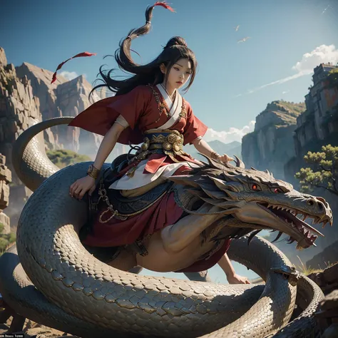 Masterpiece, A scene from Japanese mythology in which a young god dressed in ancient clothing and riding a flying horse fights and defeats a giant snake with eight heads bigger than a mountain.