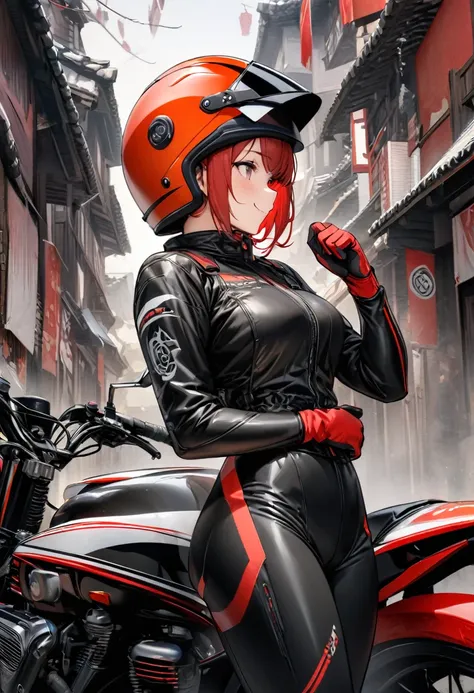 stands right in front of the camera, smiling, one hand on waist, only the girl in the picture, ((there is no helmet on the head)), white background, detailed CG unit, Masterpiece, high resolution, (((from side))), (((motorcycle helmet durara syle in hand))...