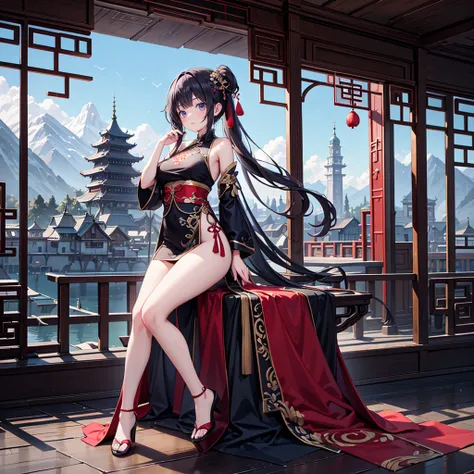 (Full body), solo, 1 beautiful girl wearing chinese fantasy clothes, posing,  stunning beautyfull fantasy world background, panorama view