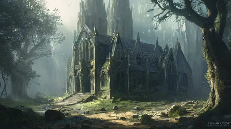 A majestic yet eerie medieval cathedral stands, shadowy forest. with many stones cracked and weathered by centuries of neglect. Tall, stained-glass windows, some shattered and others clouded with age, faintly glimmer with ghostly light. Sunlight barely pen...