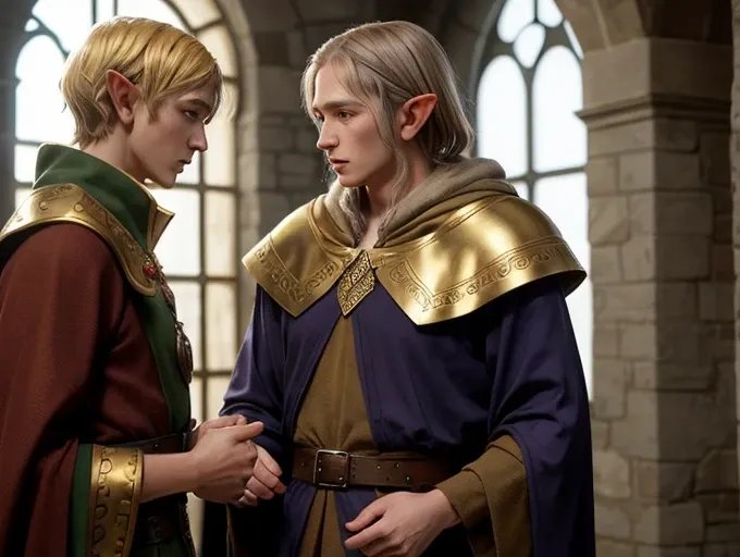 A guardian elf with wisdom ,with his golden cloak talking to the young elf