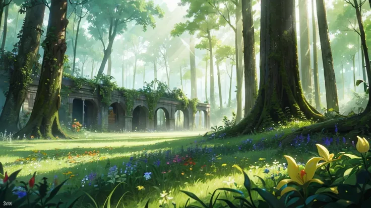 A large plane crash site transformed by nature, Wildflowers blooming around, The ruins are covered with lush green plants, Located in a secluded forest glade. Soft light shines through the dense tree canopy, Quiet and desolate. Anime Nature, Peaceful atmos...