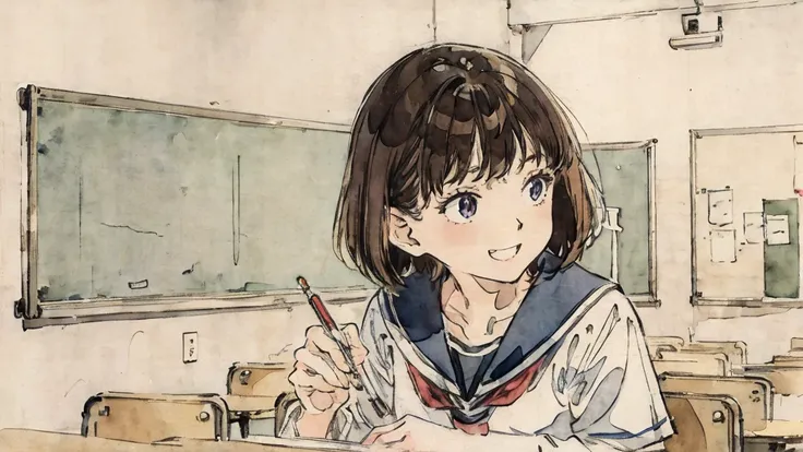 School classroom、Watercolor style、pale colour、Hand-drawn style, 15-year-old student、high school girl、expensive 、Laughter、frontage、Upper Body、Brown Hair、short hair、Upper Body