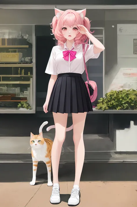 (score_9,score_8_up,score_7_up,score_6_up,score_5_up,score_4_up),masterpiece, top quality, best quality, official art, beautiful and aesthetic, animation,, 1girl with cat ear and pink hair, white shirt, pink pleated skirt, full body ,