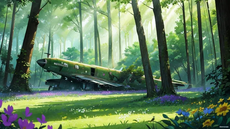 A large plane crash site transformed by nature, Wildflowers blooming around, The ruins are covered with lush green plants, Located in a secluded forest glade. Soft light shines through the dense tree canopy, Quiet and desolate. Anime Nature, Peaceful atmos...