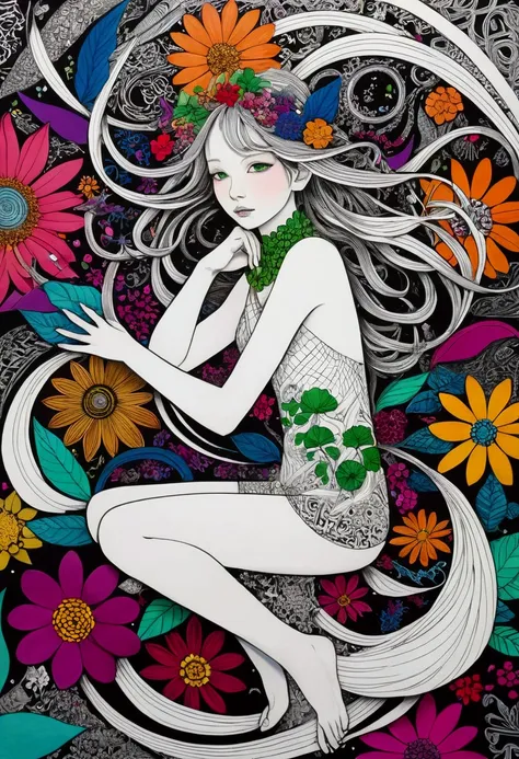 Official Art, colorful, Very detailed, whole body, beautiful, masterpiece, Highest quality, (zenTangle, colorful, Tangle, enTangle), (Flower Ecstasy:1.2) Dynamic Angle, Girl, the most beautiful form of chaos, elegant, Brutalist Design, Vibrant colors, Roma...