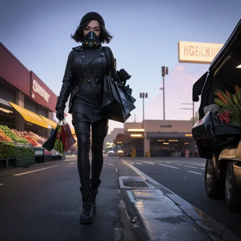 she is wearing a gas mask and carrying shopping bags and is walking in middle of a parking lot with a ((supermarket)) in the bac...