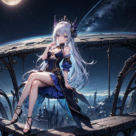 solo, 1 beautiful girl wearing fantasy clothes, sitting pose, stunning beautyfull fantasy world background, panorama view