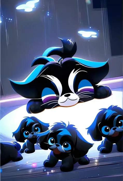 2 adorable black black black black black Shih Tzu puppies with big blue eyes wearing silver collars and sunglasses reading, go to school, school in background happy, playful 3D Pixar Style