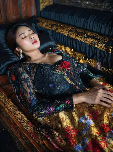 in a striking 8k hdr scene, a stunning korean woman, 22 years old, lies peacefully in a black coffin surrounded by plush pillows...