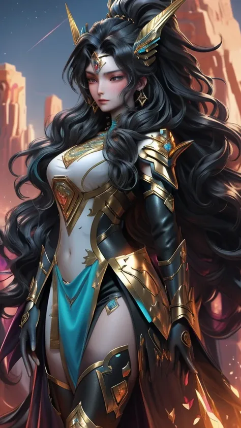 a majestic female warrior stands confidently in a detailed and ornate futuristic armor. her long, black, wavy hair cascades over...