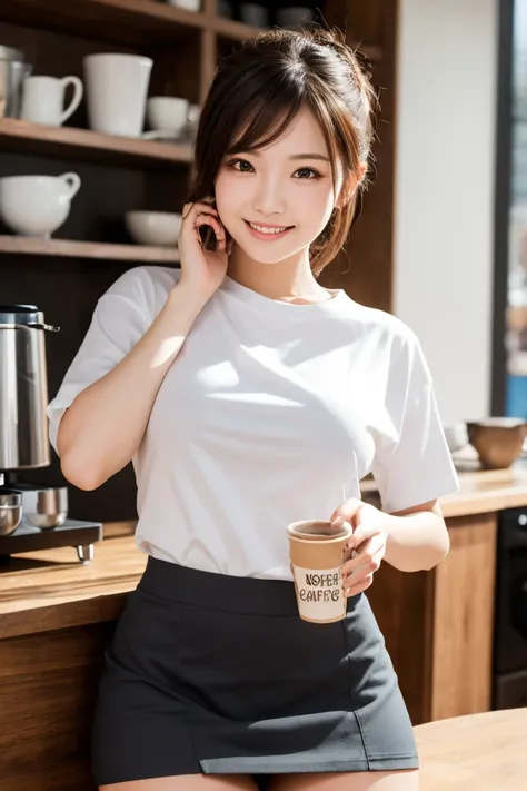 Stylish cafe Cafe staff, Old T-shirt and mini skirt , Highest quality, shape, Very detailed, In detail, High resolution, 8k wallpaper, Perfect dynamic composition, Beautiful details,  Natural Lip,  Skirt flipped up, underwear visible, facing backwards, Gre...