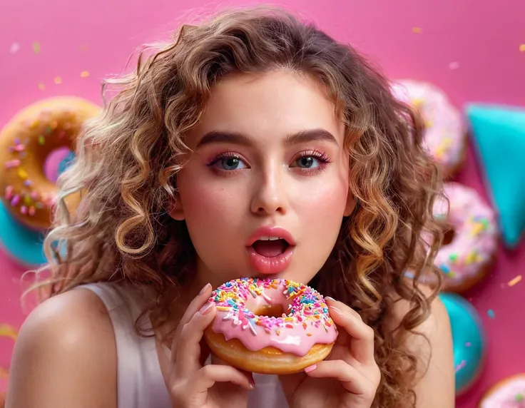 a girl eating a donut, detailed facial features, beautiful curly hair, delicate skin, sweet expression, pink donut, colorful spr...