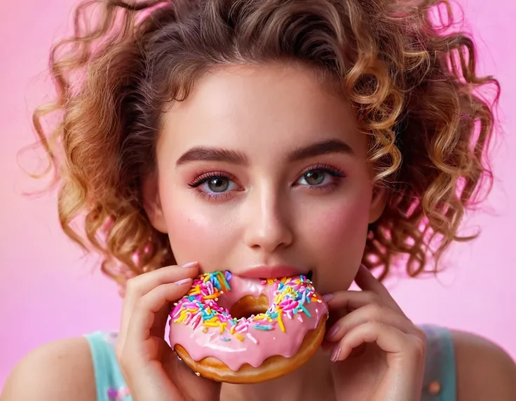 a girl eating a donut, detailed facial features, beautiful curly hair, delicate skin, sweet expression, pink donut, colorful spr...