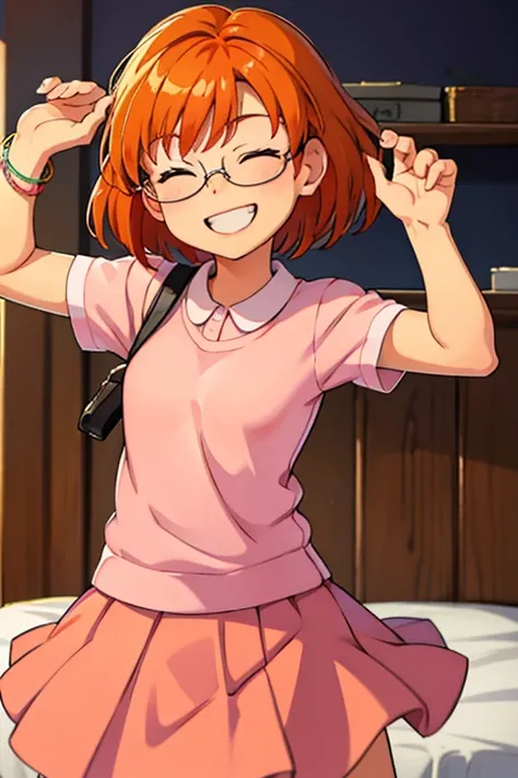 Meilin Lee, orange hair, glasses, pink shirt, skirt, smiling, eyes closed